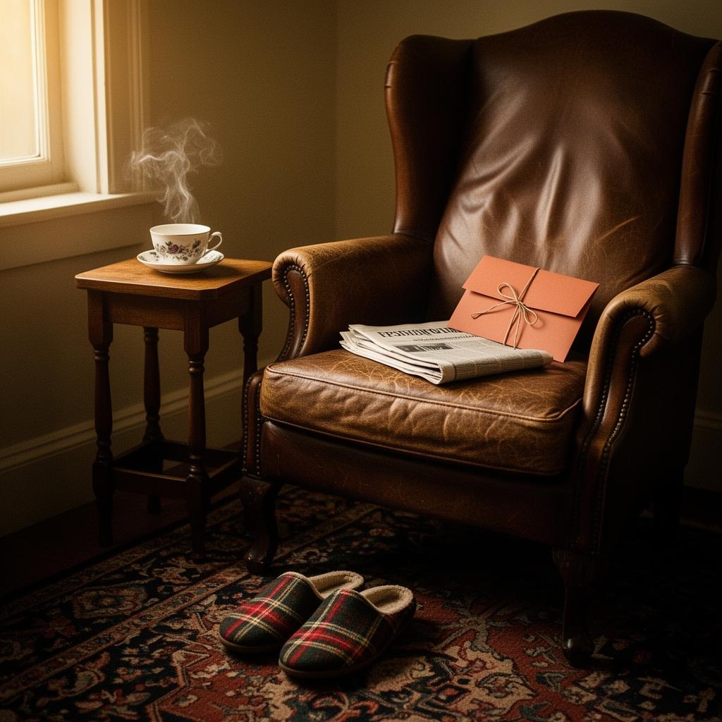 A worn leather wingback armchair with a folded newspaper, a terracotta envelope tied with twine, a steaming teacup on a side table and tartan slippers on a Persian rug — bathed in soft window light.